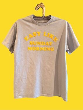 Easy Like Sunday Morning Graphic Tee - Blue With Flocked Yellow Lettering Richie